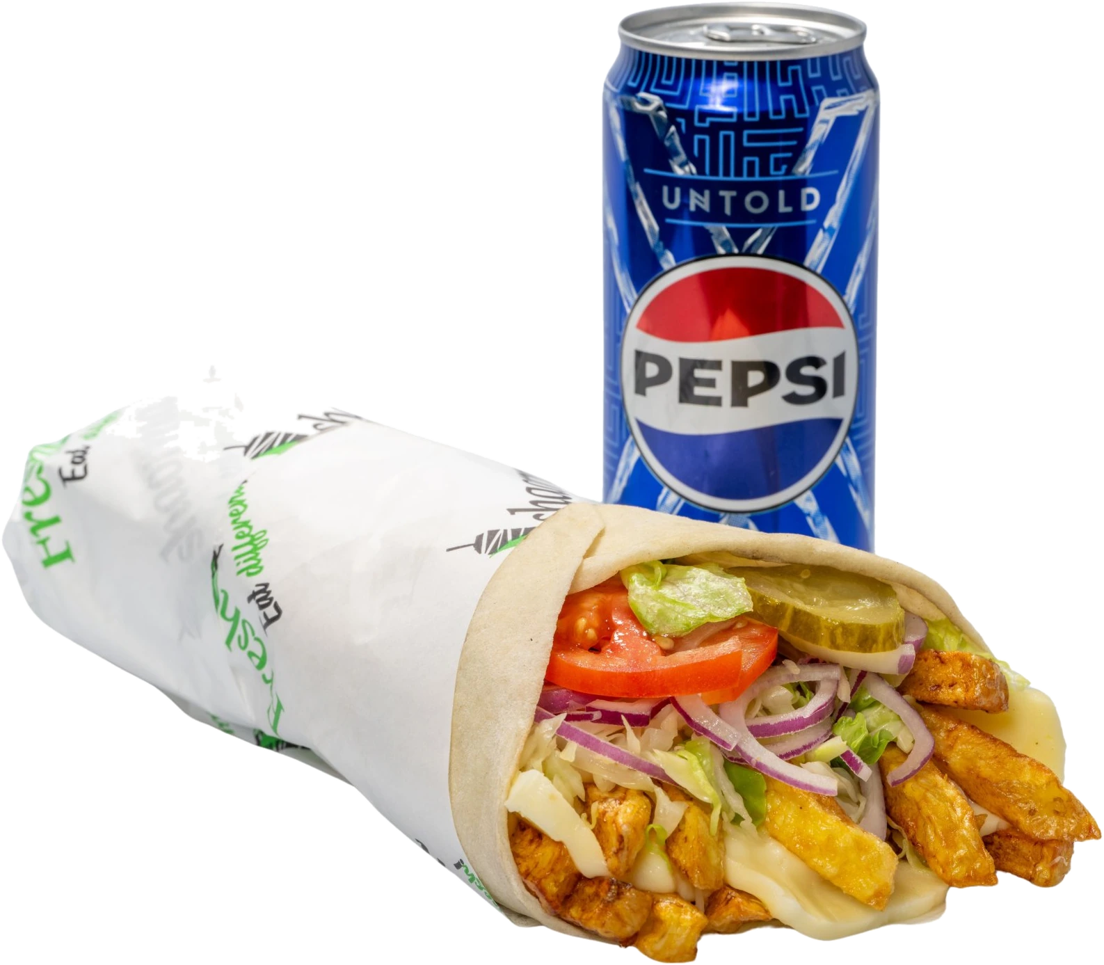 Shaorma Fresh Kebab în lipie, cu cartofi, legume proaspete și o doză de Pepsi